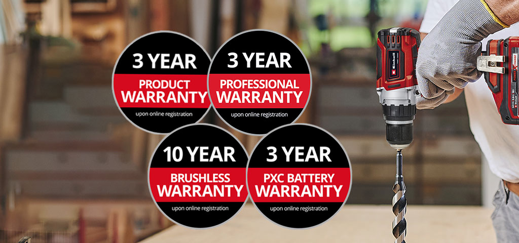 Here you can see a man in a workshop with an Einhell drill in use. In addition, the icons for the different types of warranty extension have been placed on the picture. The following warranty extensions are possible: ‘Product warranty’, ‘Professional warranty’, ‘Brushless warranty’, ‘Battery warranty’.