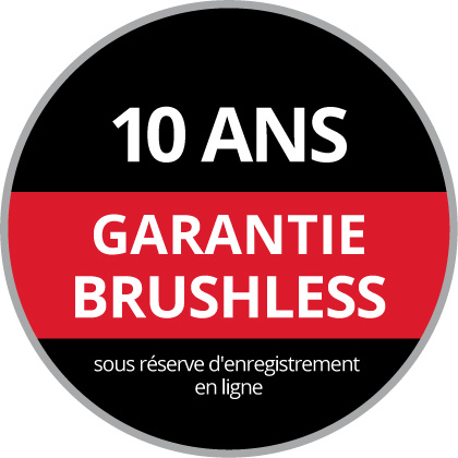 Logo de garantie rond avec le texte « Garantie Brushless 10 ans, après enregistrement en ligne » sur un fond noir et rouge.