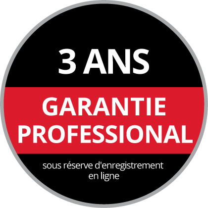 Logo de garantie rond avec le texte « Garantie professional 3 ans, après enregistrement en ligne » sur un fond noir et rouge.