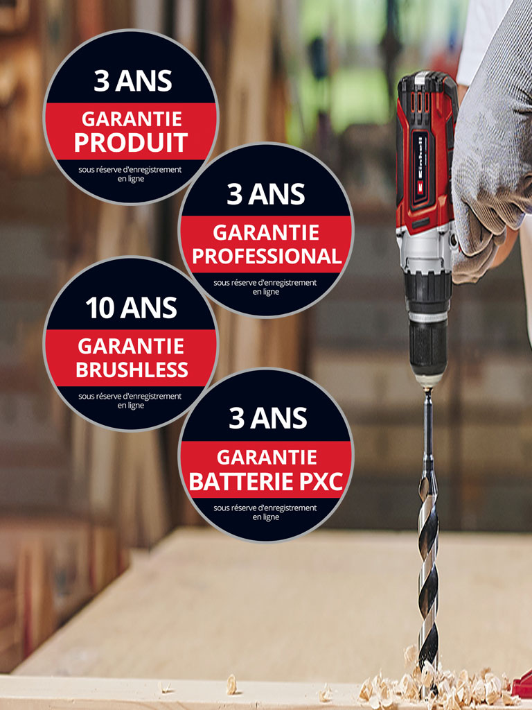 Ci, vous pouvez voir un homme dans un atelier utilisant une perceuse Einhell. De plus, les icônes des différents types d'extension de garantie ont été placées sur l'image. Les extensions de garantie suivantes sont possibles : ‘Garantie produit’, ‘Professional warranty’, ‘Brushless warranty’ et ‘Garantie batterie’.