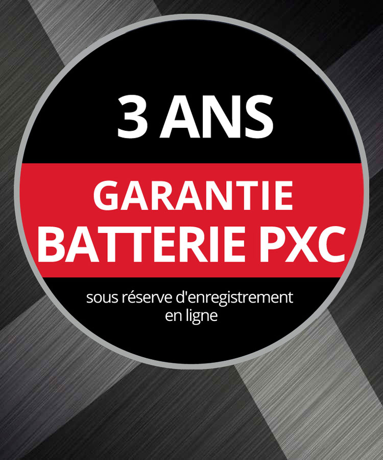 Logo de garantie rond avec le texte « Garantie batterie 3 ans, après enregistrement en ligne » sur un fond gris.