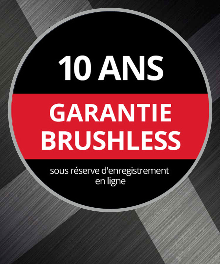 Logo de garantie rond avec le texte « Garantie Brushless 10 ans, après enregistrement en ligne » sur un fond noir et rouge.