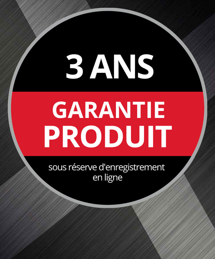 Logo de garantie rond avec le texte « Garantie produit 3 ans, après enregistrement en ligne » sur un fond gris.