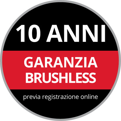 Logo rotondo della garanzia con il testo "Garanzia Brushless di 10 anni, previa registrazione online" su uno sfondo nero e rosso
