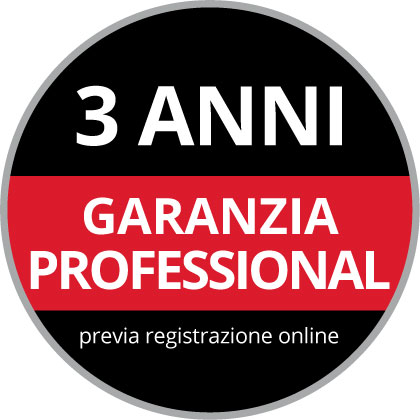 Logo rotondo della garanzia con il testo "Garanzia Professional di 3 anni, previa registrazione online" su uno sfondo nero e rosso
