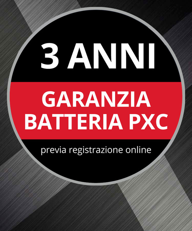 Logo rotondo della garanzia con il testo “Garanzia di 3 anni sulla batteria, previa registrazione online” su sfondo grigio.