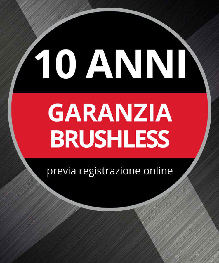 Logo rotondo della garanzia con il testo “10 anni di garanzia Brushless, previa registrazione online” su sfondo grigio.