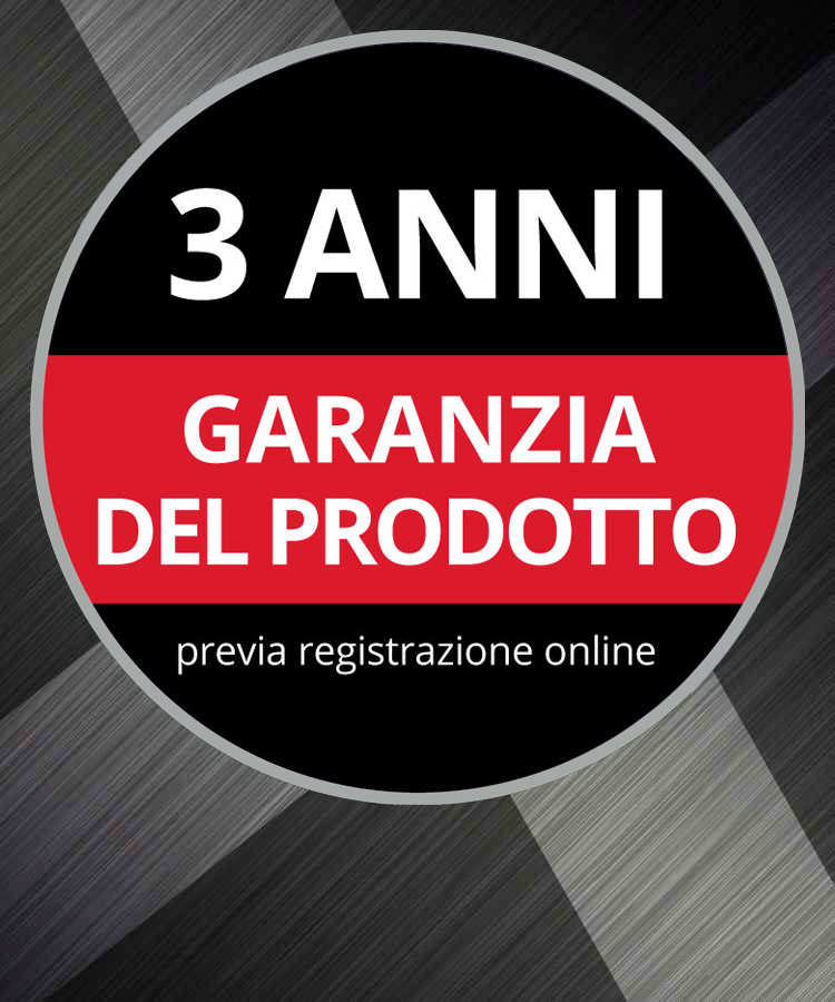 Logo rotondo della garanzia con il testo “Garanzia di 3 anni sul prodotto, previa registrazione online” su sfondo grigio.