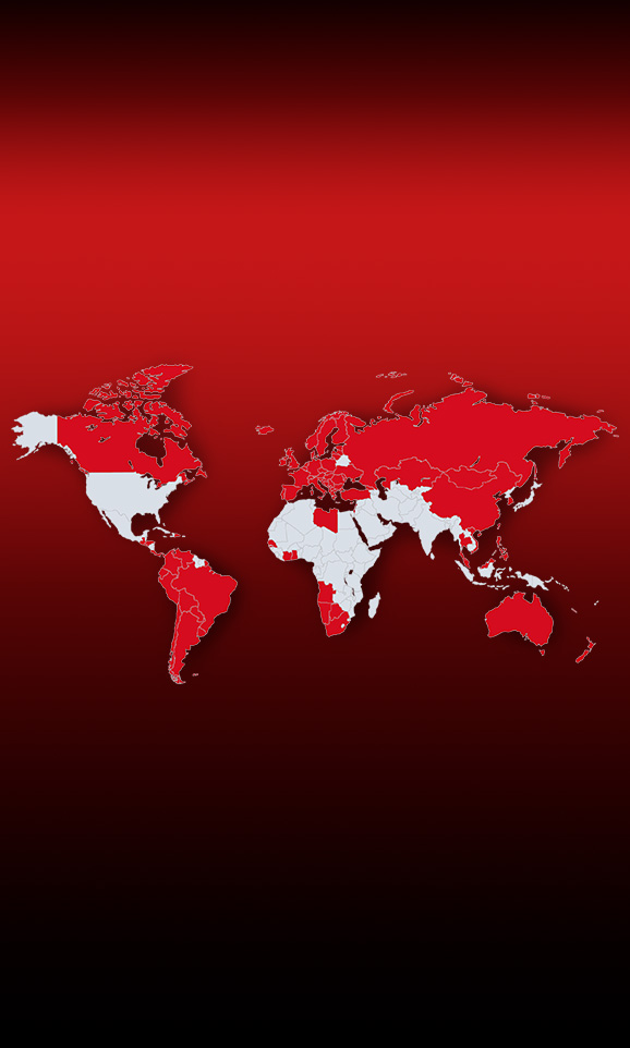 World map with countries highlighted in red on a black background, showing Einhell’s global presence.