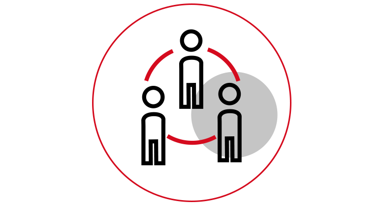 Icon graphic of three stylised persons on a red background with a grey circle.