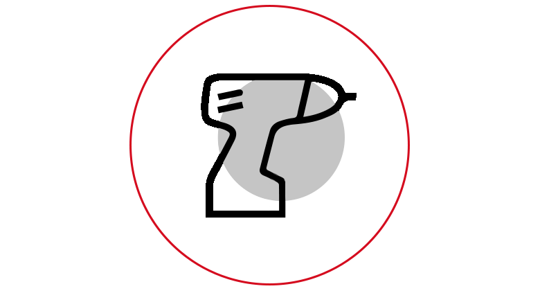 Icon graphic of a cordless screwdriver as a black line on a grey circle with a red background.