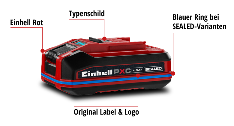 Einhell Power X-Change Akku mit rotem Gehäuse, schwarzer Oberseite und blauem Ring für SEALEAD-Variante, beschriftet mit Einhell PXC 4.0Ah SEALEAD.