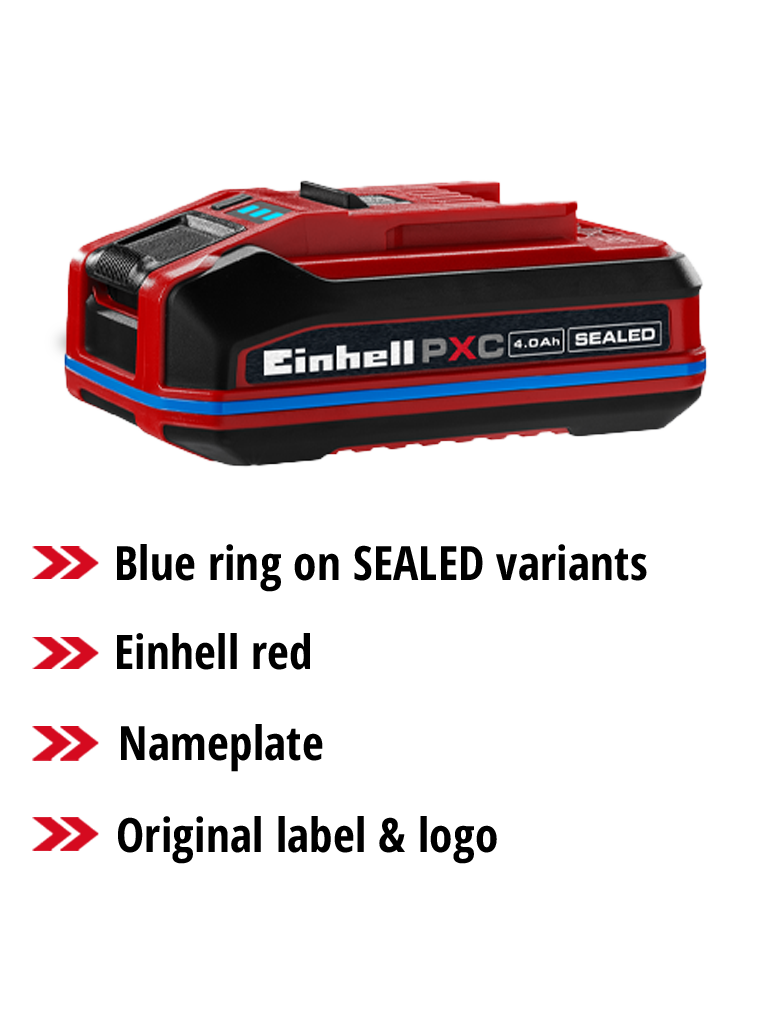 Einhell Power X-Change SEALEAD battery with blue ring, type label and original branding in an overview graphic.