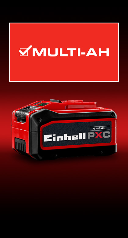 Einhell Power X-Change Akku mit 4–6 Ah Kapazität vor rotem Hintergrund, darüber das Logo „MULTI-AH“.