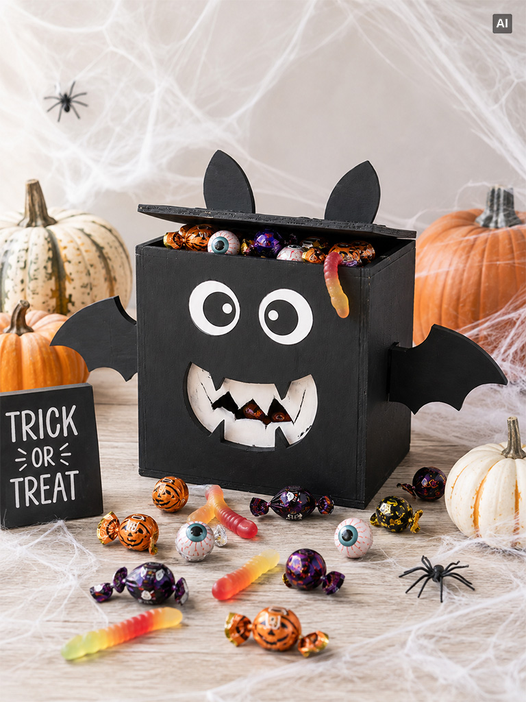 Halloween-inspirierte schwarze Fledermausbox, gefüllt mit Süßigkeiten und umgeben von Bonbons, Kürbissen, Spinnennetzen und einem „Trick or Treat“-Schild.