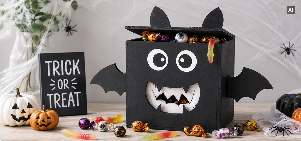 Halloween-inspirierte schwarze Fledermausbox, gefüllt mit Süßigkeiten und umgeben von Bonbons, Kürbissen, Spinnennetzen und einem „Trick or Treat“-Schild.