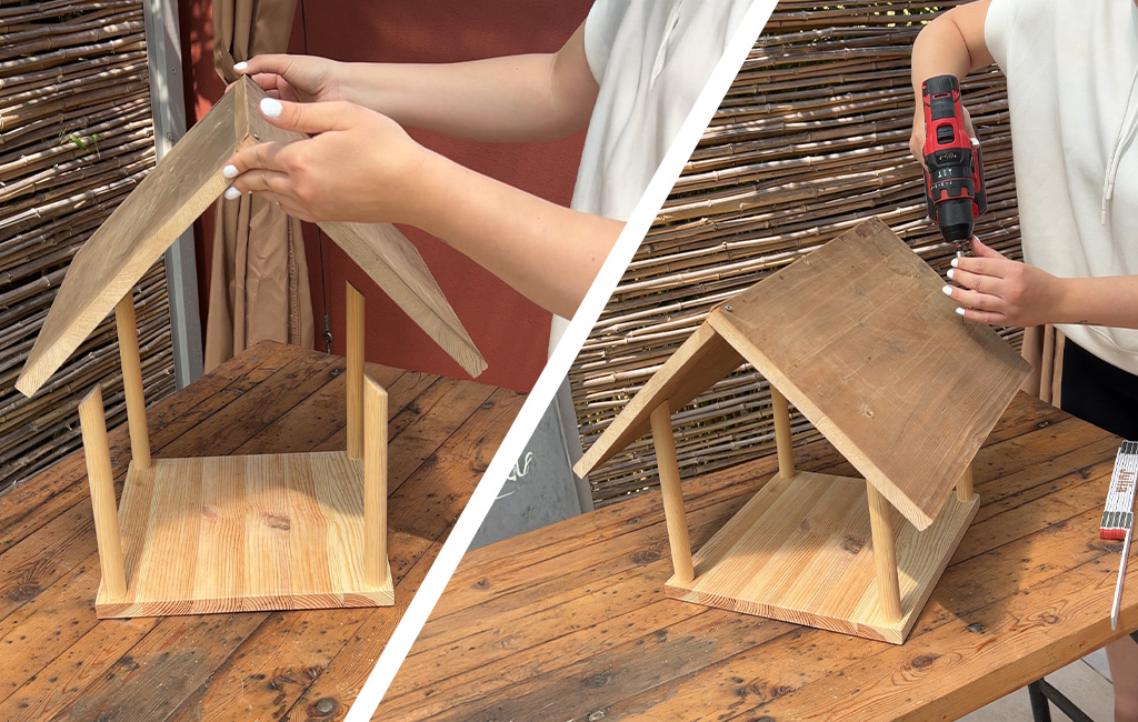 Links setzt eine Person das Dach auf, rechts wird es mit einem Einhell Schrauber fixiert.