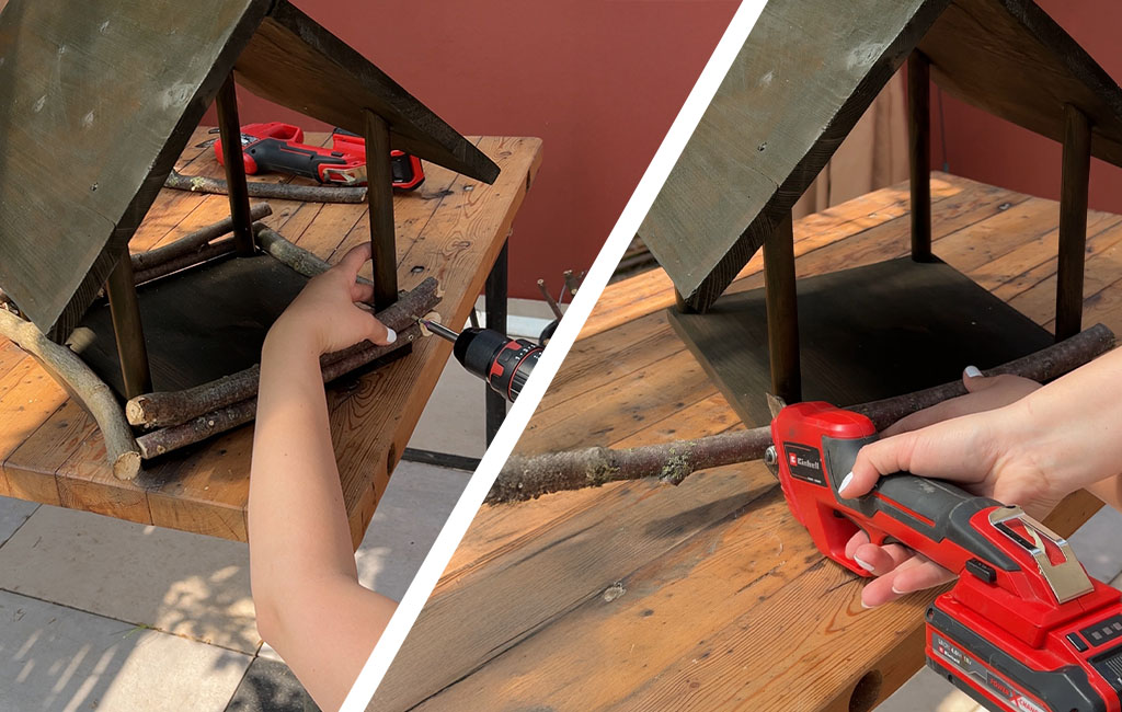 Zwei Ansichten des Anbringens der Äste am Boden des Vogelhauses mit einem Einhell Werkzeug.