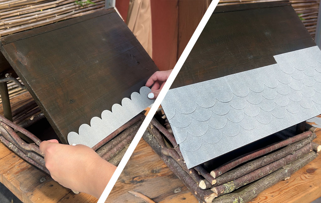 Links wird Dachpappe angebracht, rechts ist das graue, strukturierte Dach zur Hälfte gedeckt.