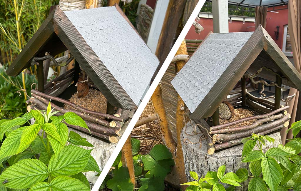 Zwei Ansichten eines selbstgebauten Vogelhäuschens aus Ästen, Holz und grauem Dach auf einem Baumstumpf.