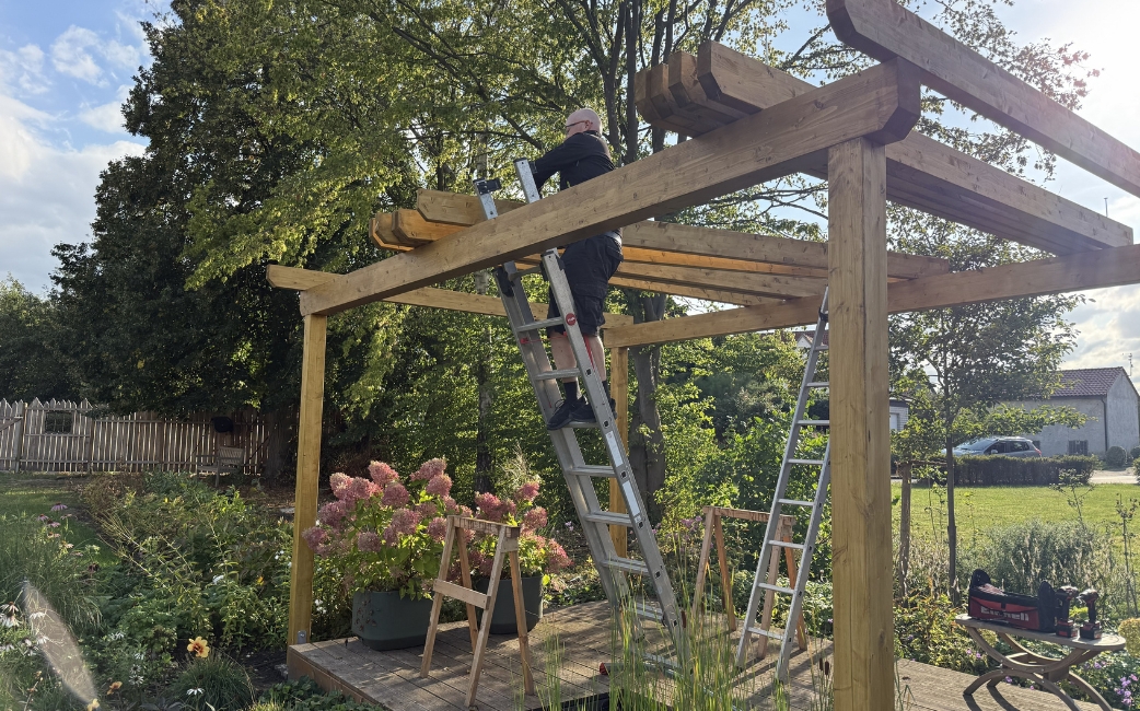 A person on a ladder installs wooden roof beams on a pergola in a garden.