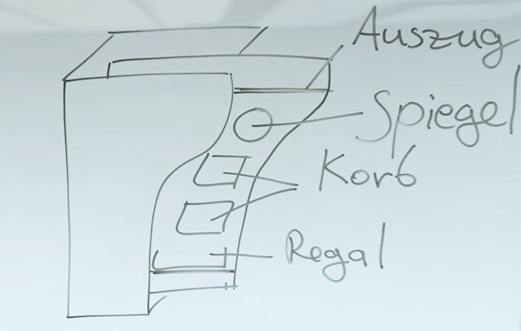 Sketch of a bathroom cabinet with labeled parts: pull-out, mirror, basket, and shelf.