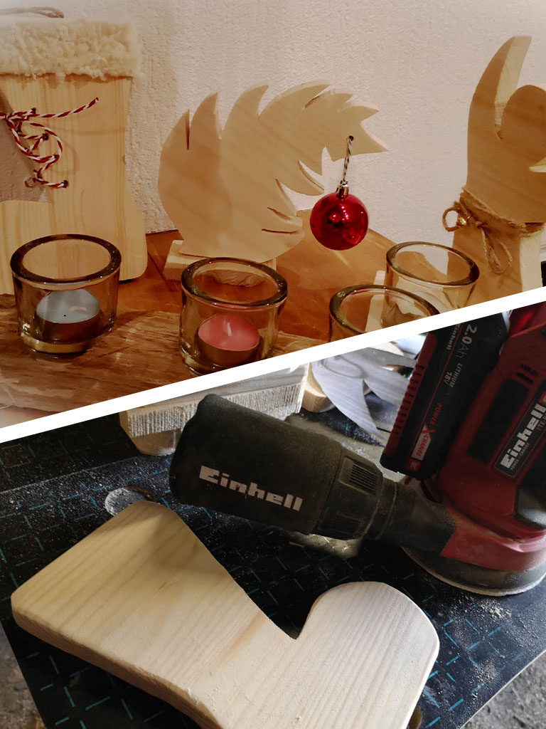 Collage aus handgefertigten Weihnachtsdekorationen aus Holz und dem Schleifen eines Holzausschnitts mit einem Akku-Schleifer.
