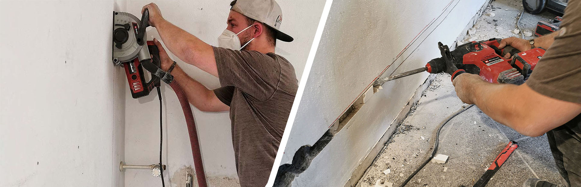 Zwei Bilder zeigen eine Person, die mit Bohrer und Führung in eine Wand bohrt, während Staub nach unten fällt.