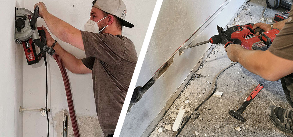 Zwei Bilder zeigen eine Person, die mit Bohrer und Führung in eine Wand bohrt, während Staub nach unten fällt.