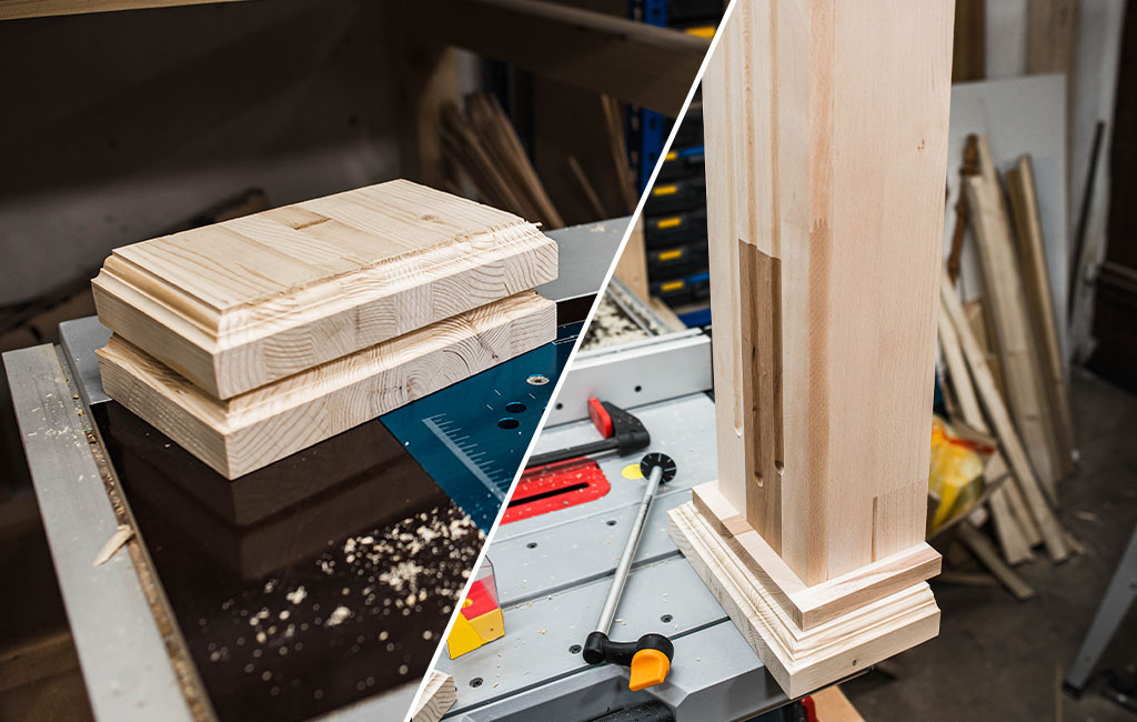 Left: stacked base plates with routed pattern; right: assembled wooden support with grooves.