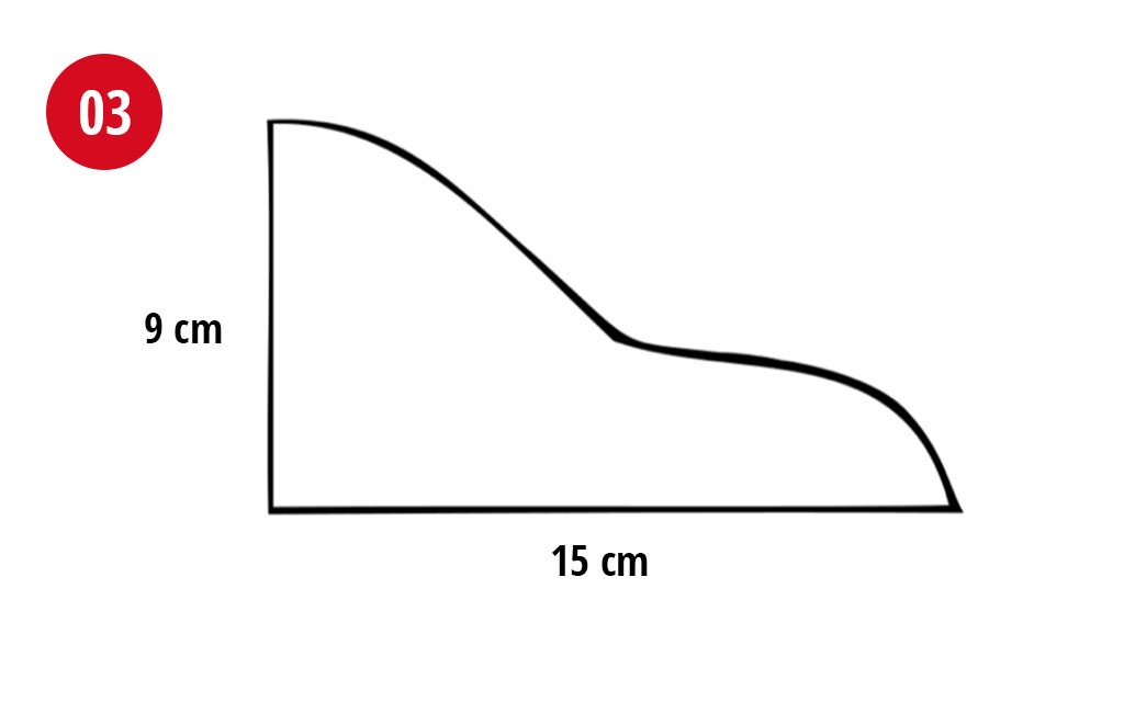 Technische Zeichnung mit der Nummer 03 zeigt ein kleines, gebogenes Holzteil, 15 cm breit und 9 cm hoch.