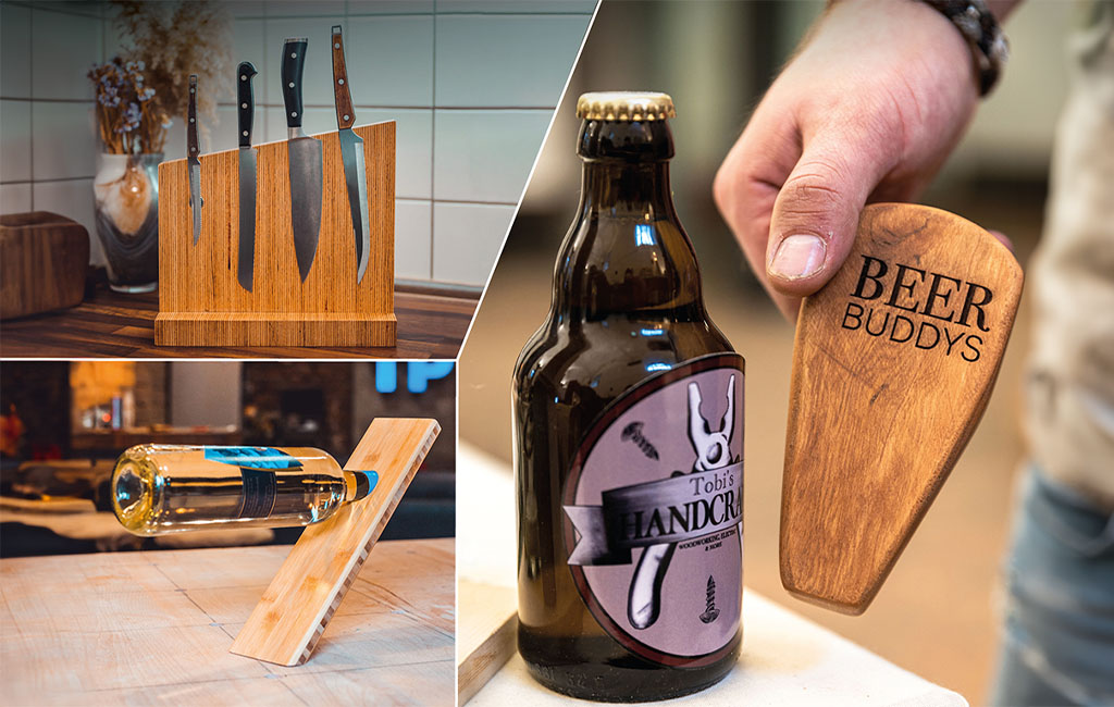 Three wooden products: a knife block with five knives, an angled wine bottle holder, and an opener engraved “BEER BUDDYS”.