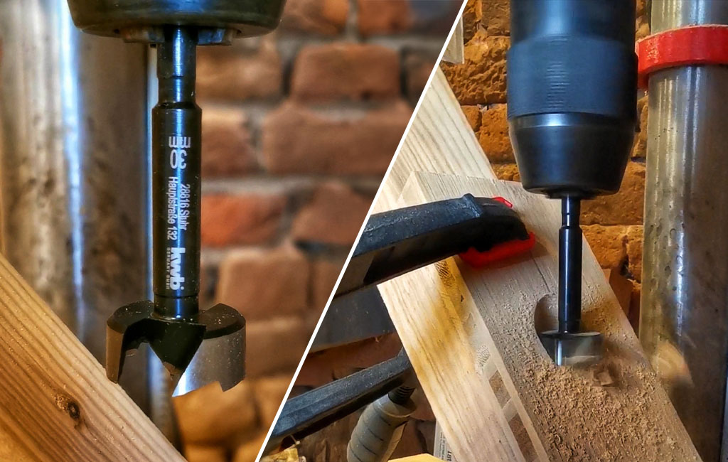 Two close-ups of a Forstner bit drilling large holes into wood.