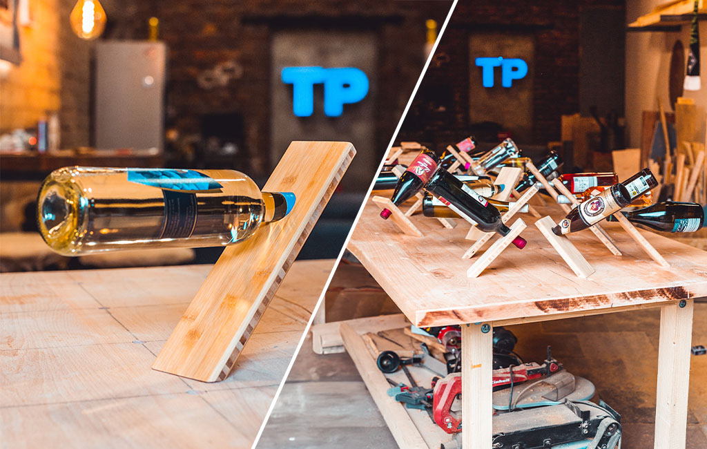 Two views of a wooden wine bottle holder balancing a bottle at an angle; multiple variants on a table.