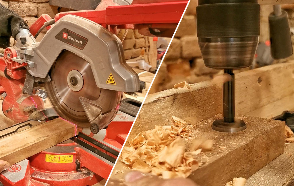 Left: an Einhell miter saw in use; right: close-up of a Forstner bit drilling into wood.