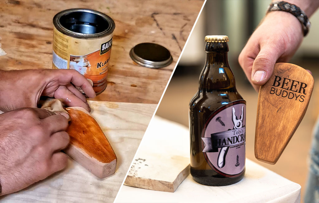 Left: a wooden piece is treated with clear varnish; right: the finished bottle opener next to a beer bottle.