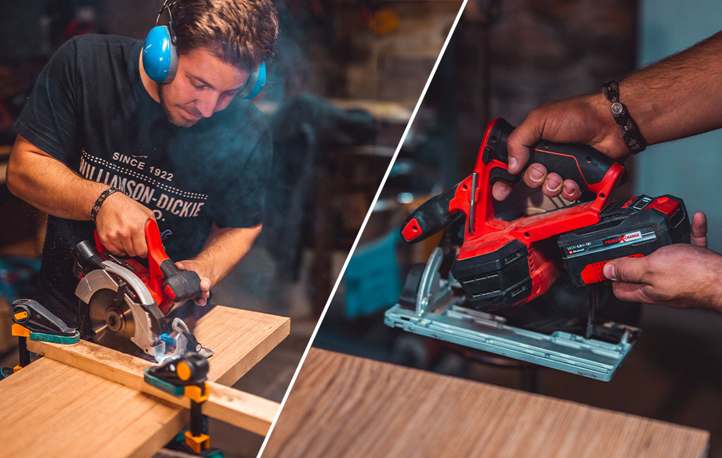 Left: a man cuts wood with a red handheld circular saw; right: he holds the tool with a Power X-Change battery.