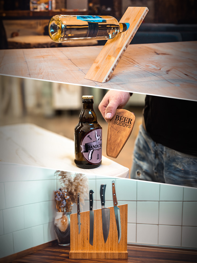 Three wooden products: a slanted wine holder with bottle, an engraved opener with “BEER BUDDYS,” and a knife block with four knives.