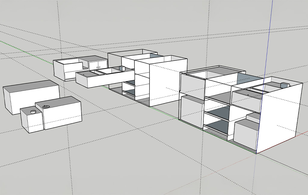 3D-Zeichnung einer Campingbox mit mehreren Modulen, Fächern und Auszügen.