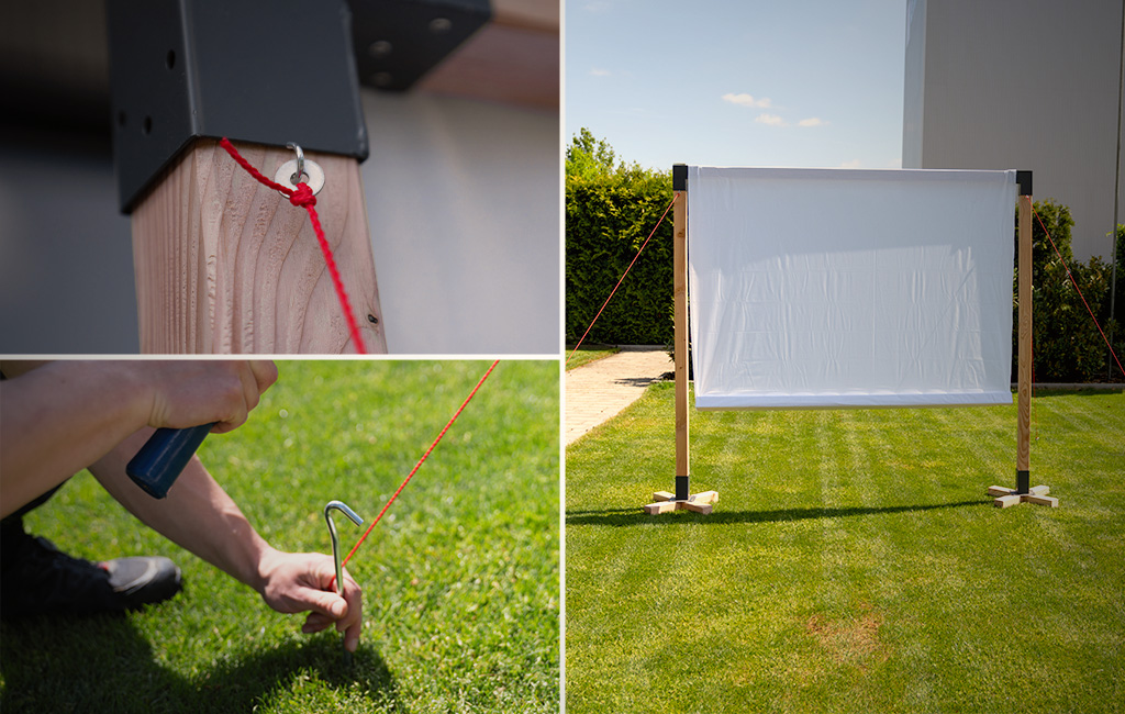 Dreigeteiltes Bild: Details der Seilbefestigung, das Einschlagen eines Herings im Rasen und das fertig aufgestellte, weiße Outdoor-Leinwandgestell.