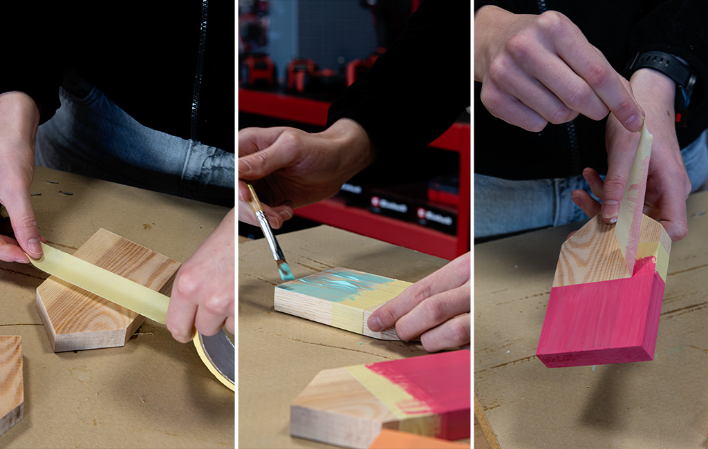 Dreiteilige Bildabfolge: Malerkrepp wird aufgeklebt, Farbe aufgetragen und das Klebeband wieder entfernt.