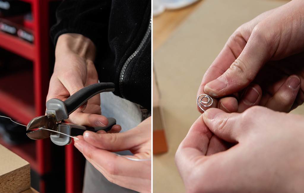 Zweiteiliges Bild: Draht wird mit einer Zange geschnitten und zu einer Spirale gebogen.