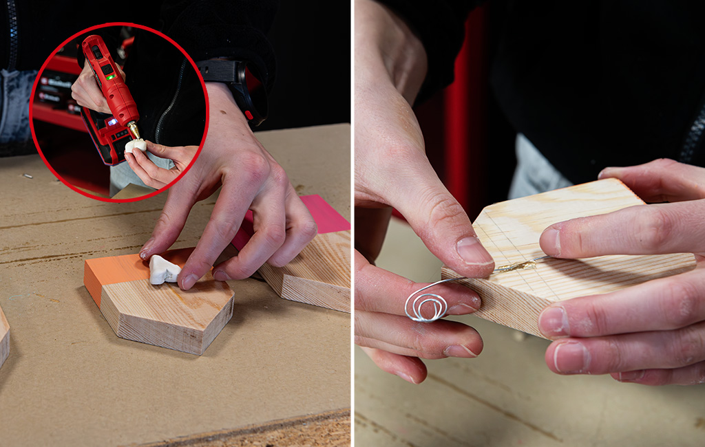 Zweiteiliges Bild: Ein Herz wird mit Heißkleber befestigt und ein Fotohalterdraht unten ins Holz eingesetzt.