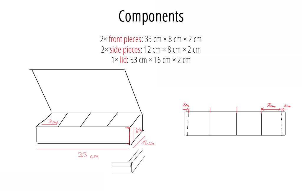 Technical drawing of a wooden tea box with lid, showing measurements and dimensions for cutting and assembling the parts