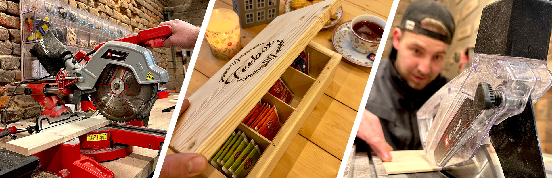 Collage showing a mitre saw cutting wood, a wooden tea box with engraved “tea box”, and sanding work with a stationary belt sander.