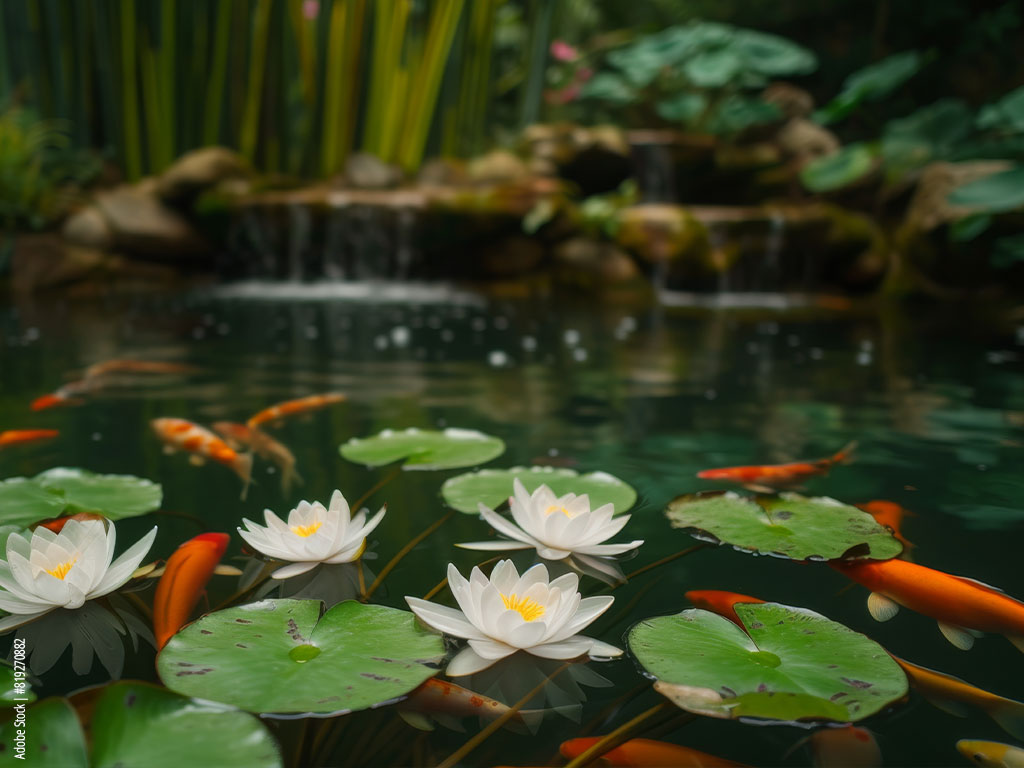 Water lilies and orange fish in a garden pond.