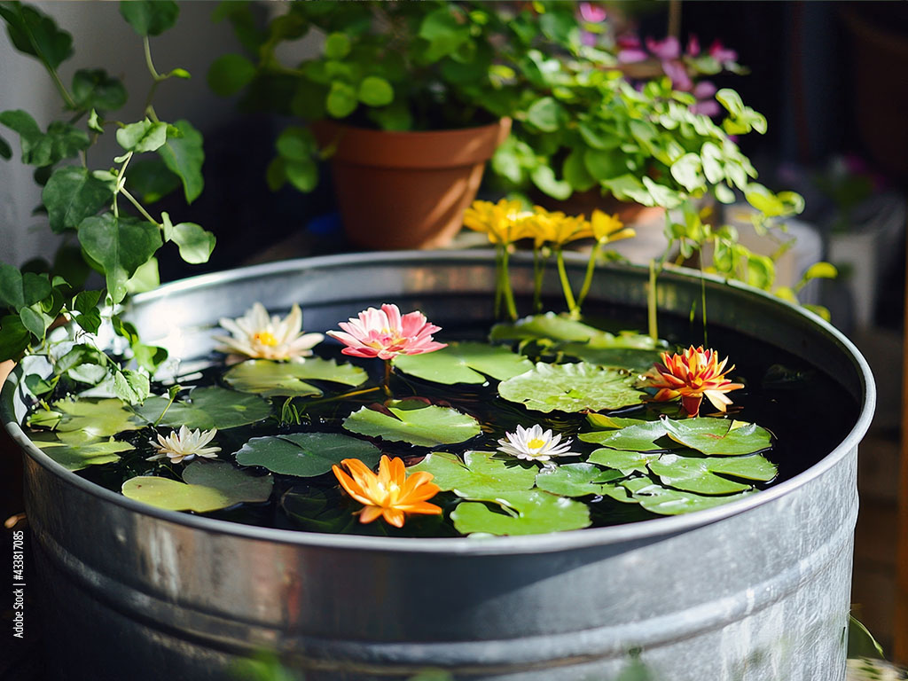 Mini pond with water lilies and yellow and orange flowers in a round metal tub.