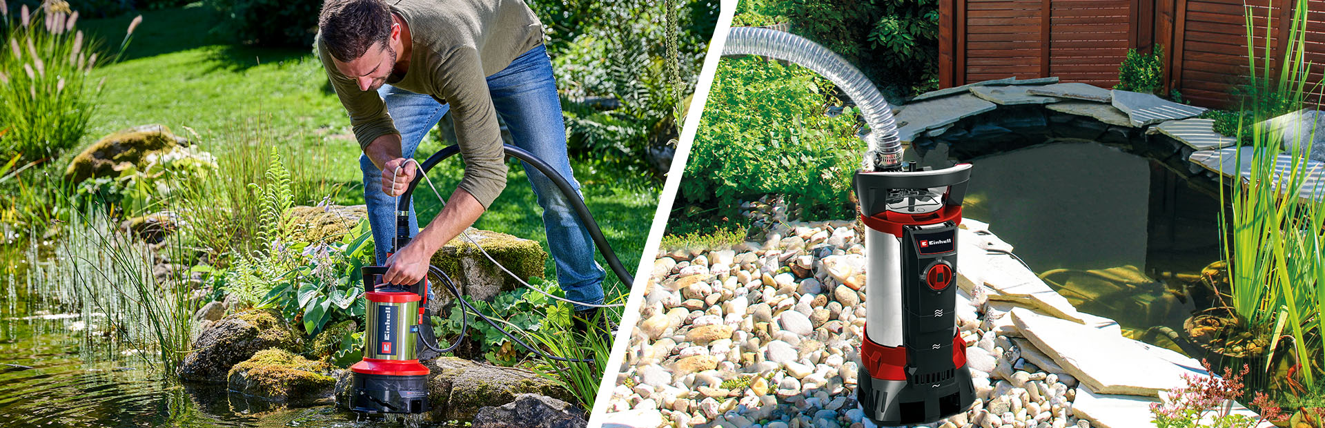 A man vacuums a garden pond in the left image; an Einhell dirty water pump is shown in the right image.