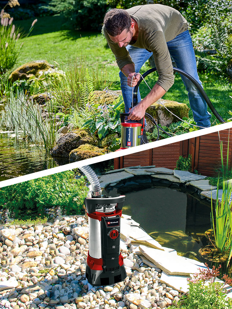 A man vacuums a garden pond above; an Einhell dirty water pump is shown below.