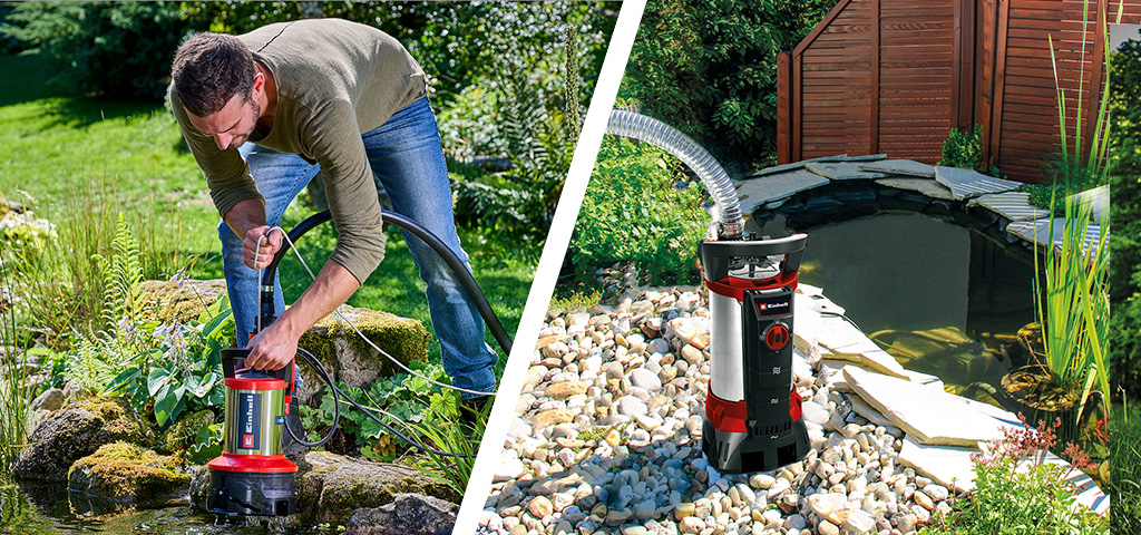 A man vacuums a garden pond in the left image; an Einhell dirty water pump is shown in the right image.